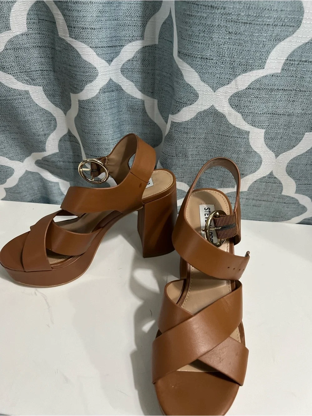 Steve Madden Brown Platform thick Heel Sandals with Gold Buckle